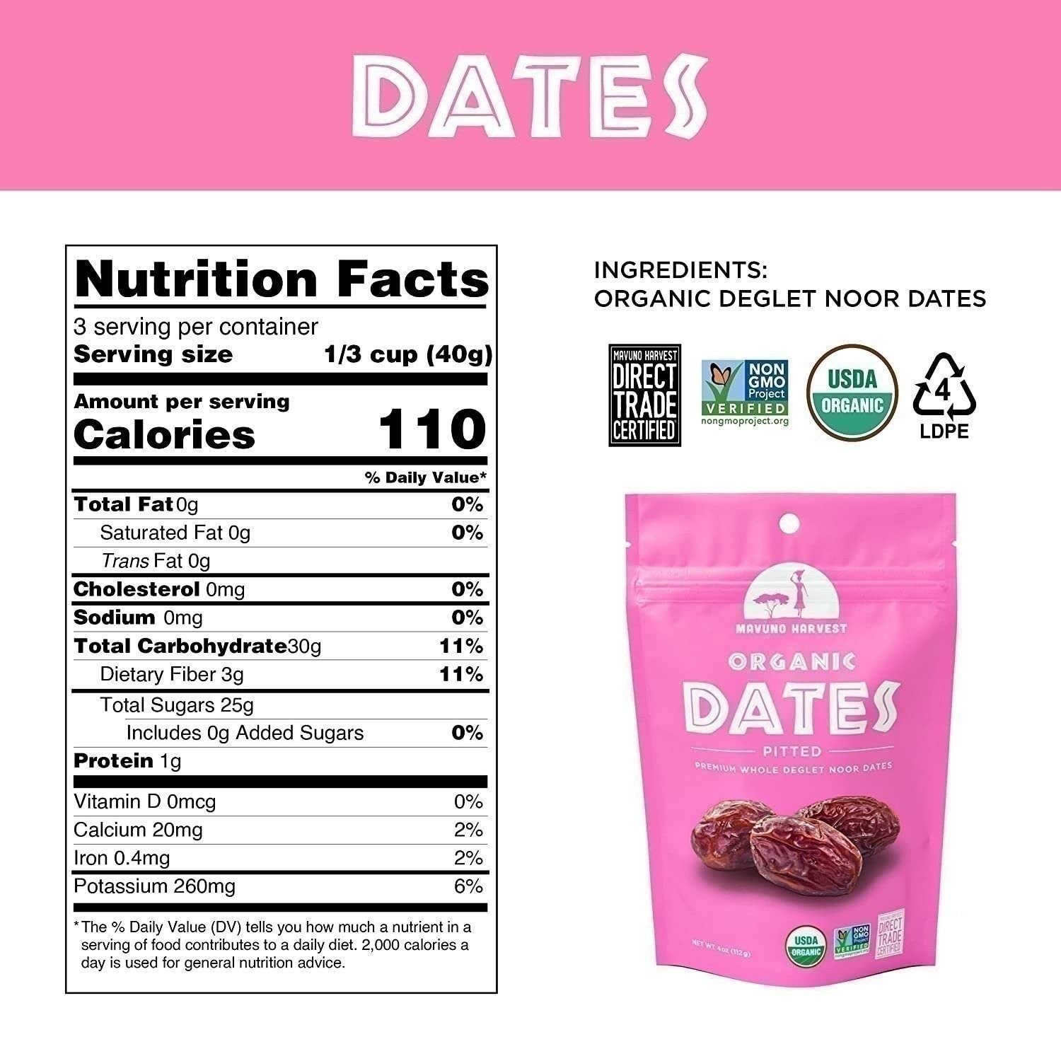 Mavuno Harvest Direct Trade Organic Dried Fruit, Dates, 4 Ounce (Pack of 6)