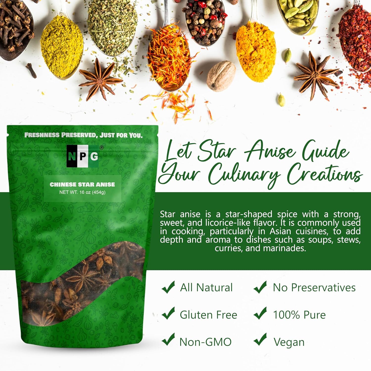 NPG Star Anise Seed Whole 16 Oz, 100% Natural Chinese Anise Star Pods Spice