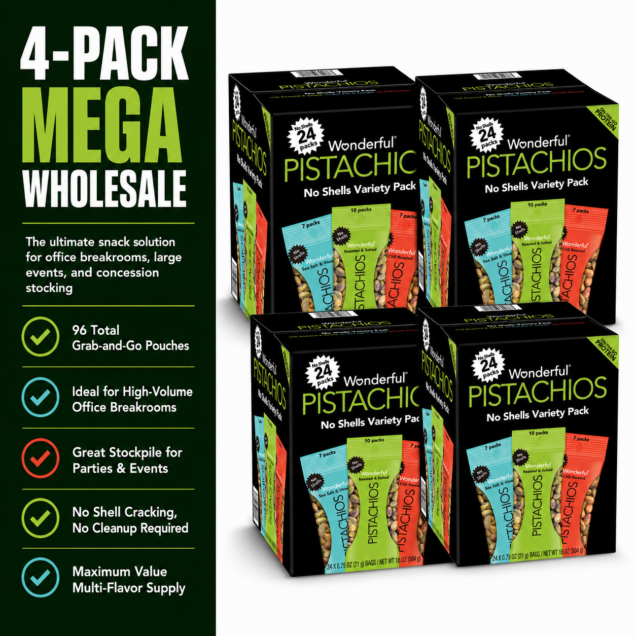 4 Pack Wonderful Pistachios, No Shell, Variety Pack, .75 oz, 24-count