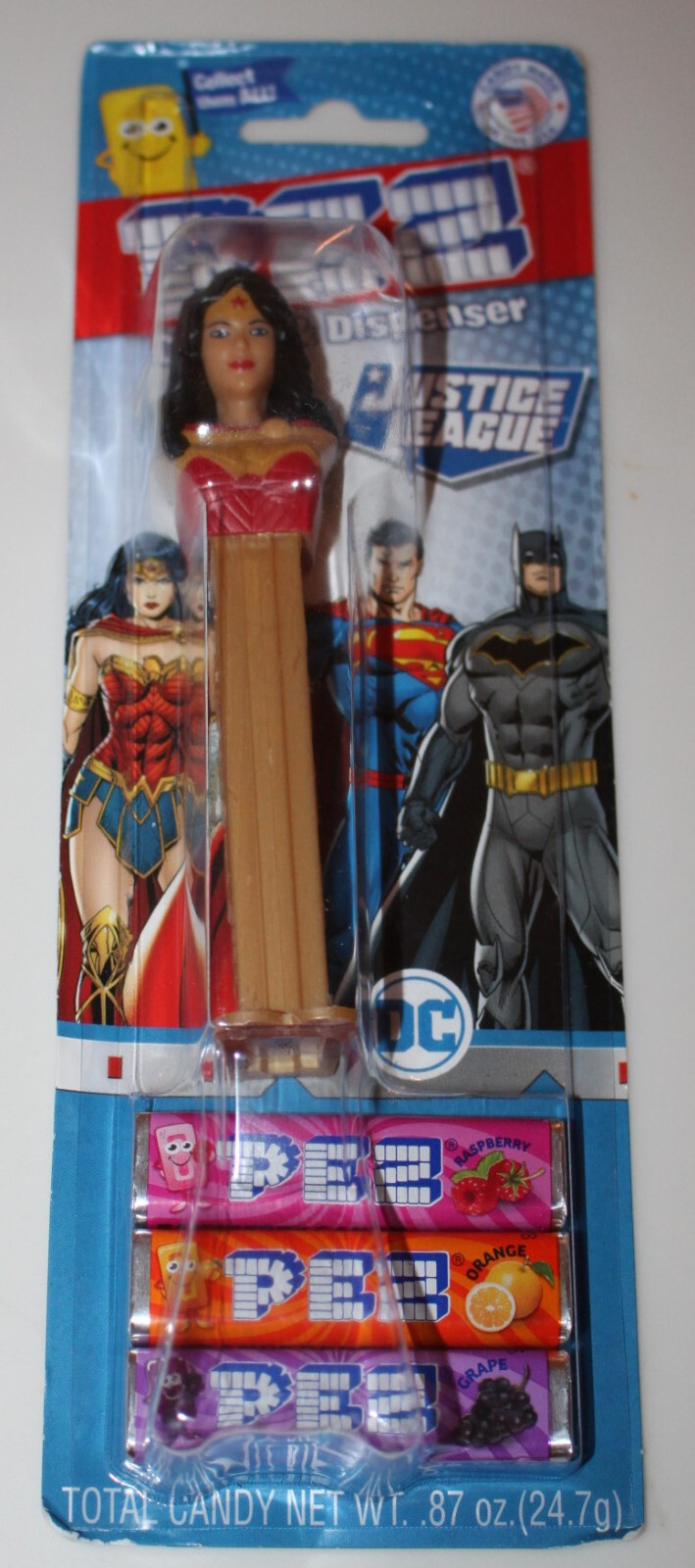 Pez Dispenser JUSTICE LEAGUE w 3 Candy Rolls WONDER WOMAN – Sealed BB 11/21/27