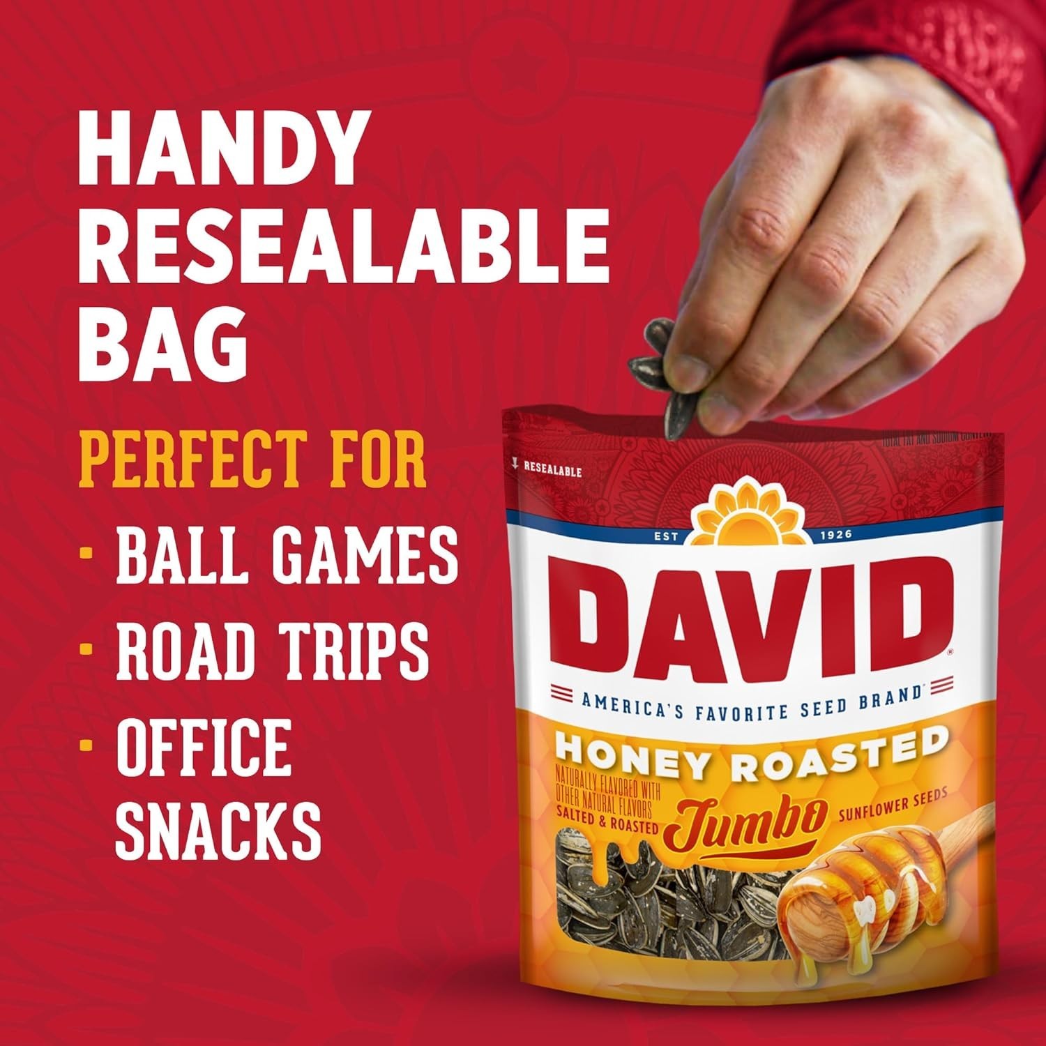 DAVID Roasted and Salted Jumbo Sunflower Seeds, Honey Roasted Flavor, 5.25oz