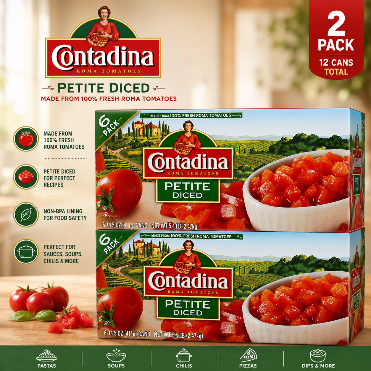 (6 Pack) Contadina Petite Diced Tomatoes, 15 oz cans PACK OF 2