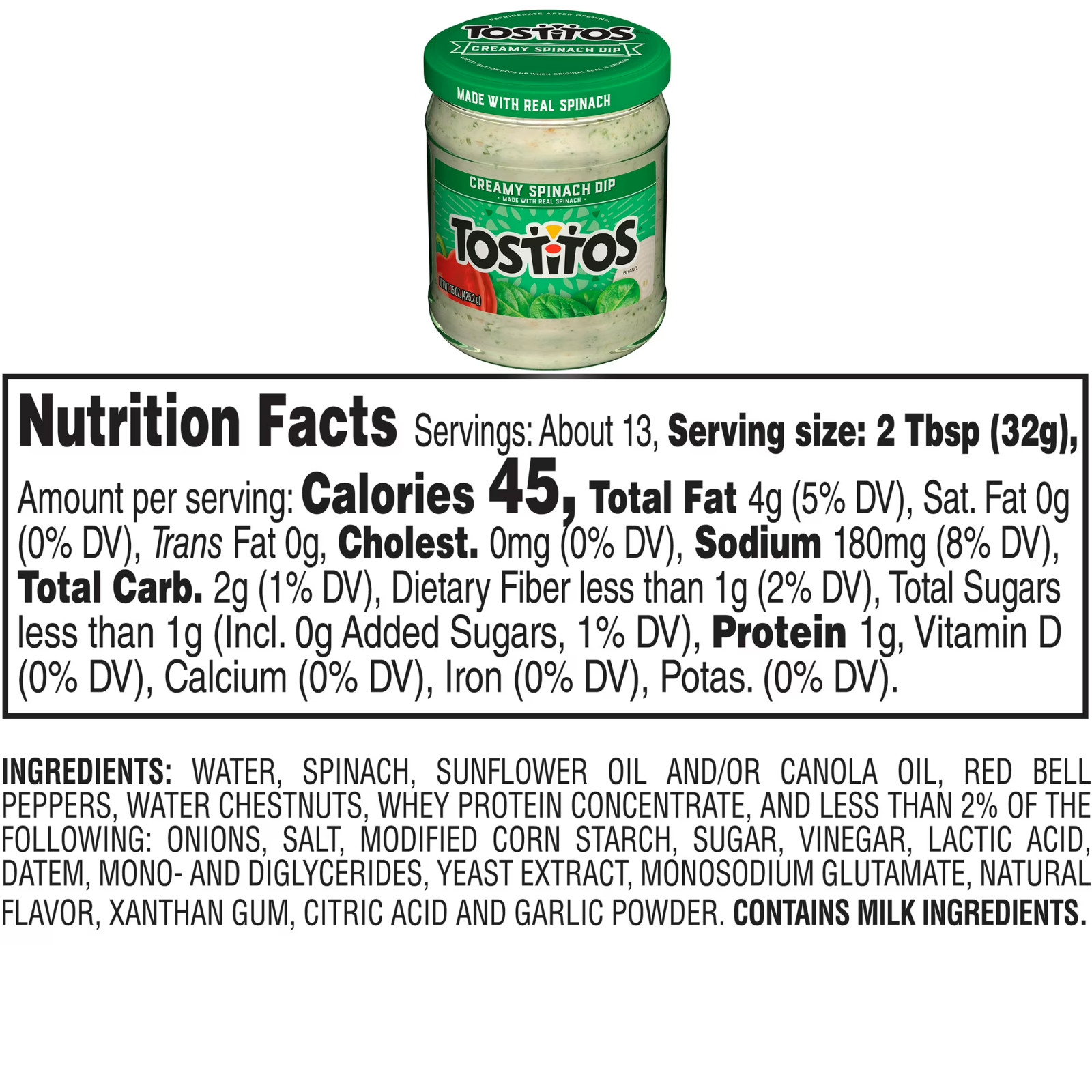 Tostitos Creamy Spinach Dip, 15 oz Jar, Ready-to-Serve