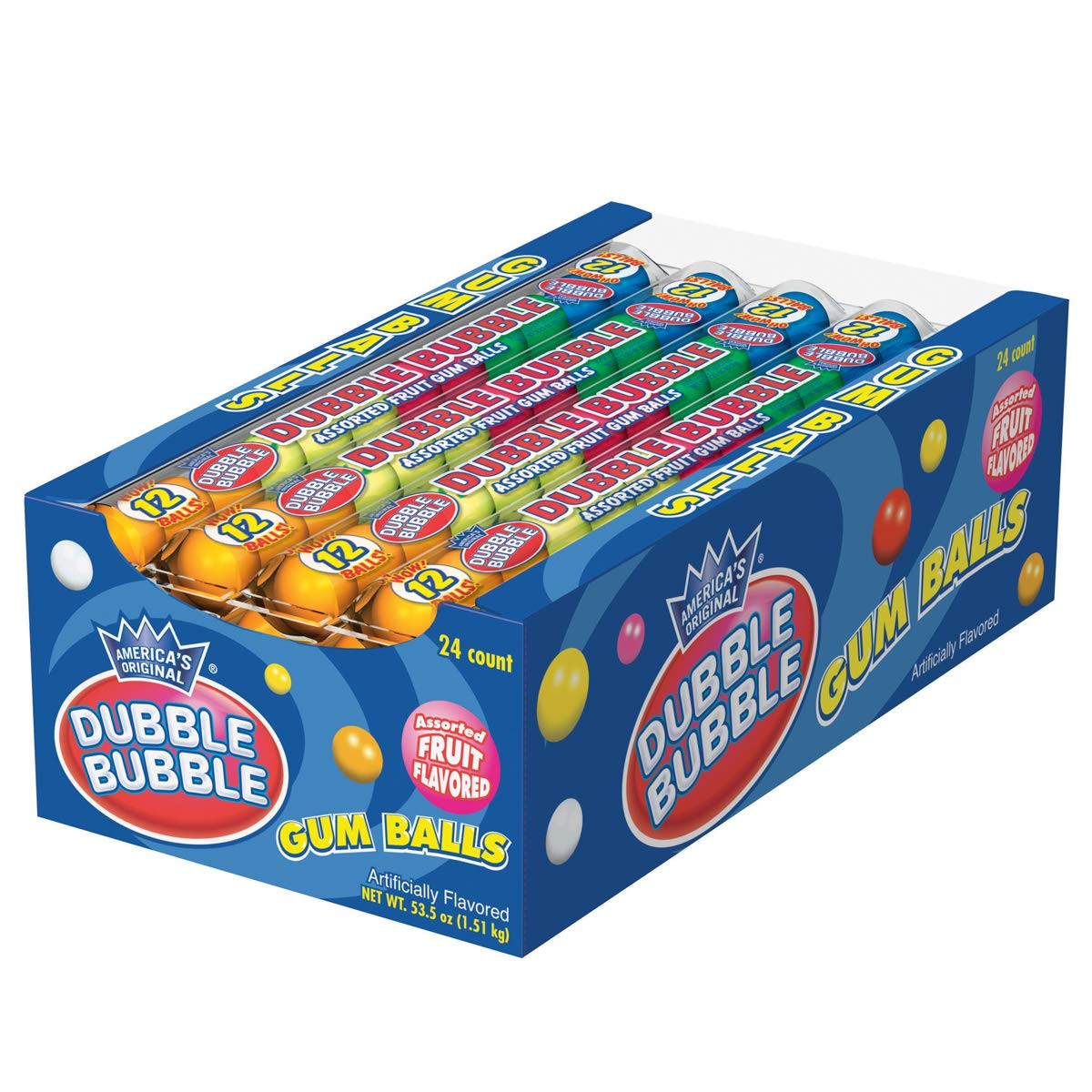 Dubble Bubble Gumballs, 24 Pack of 12-Gumball Tubes in Assorted Fruit Flavors