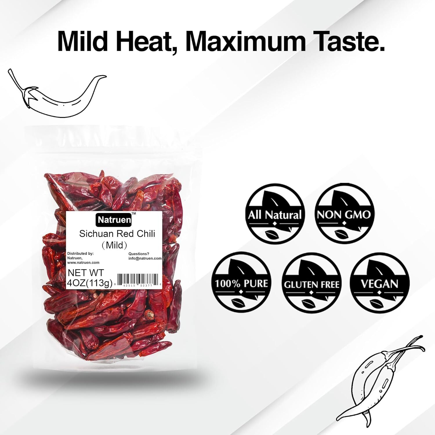 Natruen Whole Dry Szechuan Chinese Red Chili Pods 4oz (Medium Hot)