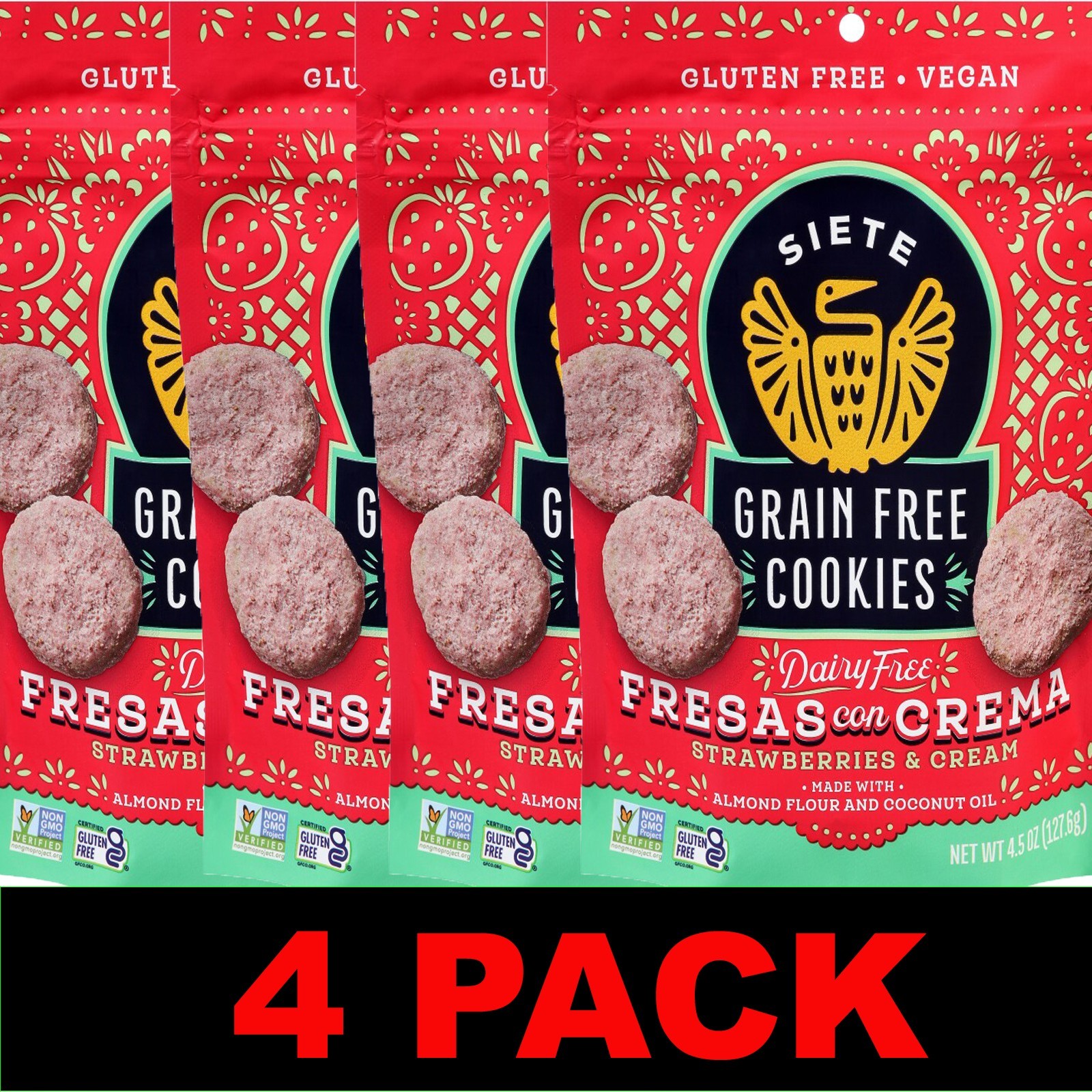 SIETE Family Foods Grain Free FRESAS Con Crema Cookies – 4.5 oz Bag – 4 BAGS