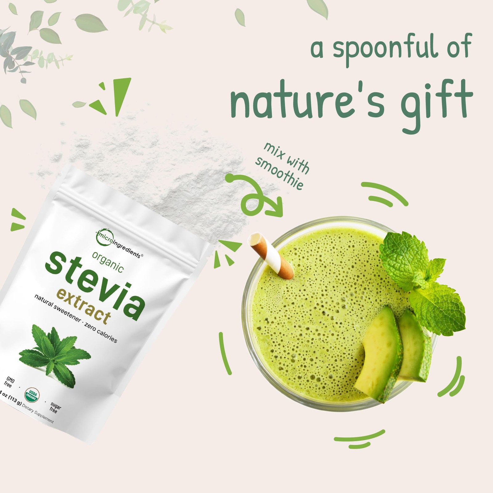 Micro Ingredients Organic Stevia Powder, 4 Ounces, Pouch, 706 Serving, Highes…