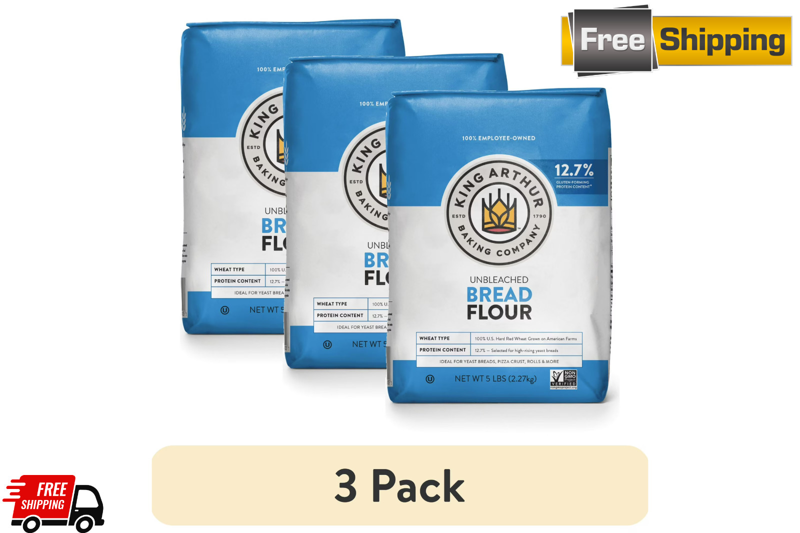 King Arthur Flour Unbleached Bread Flour 5 lb. Bag (3 PACK) FREE & FAST SHIPPING