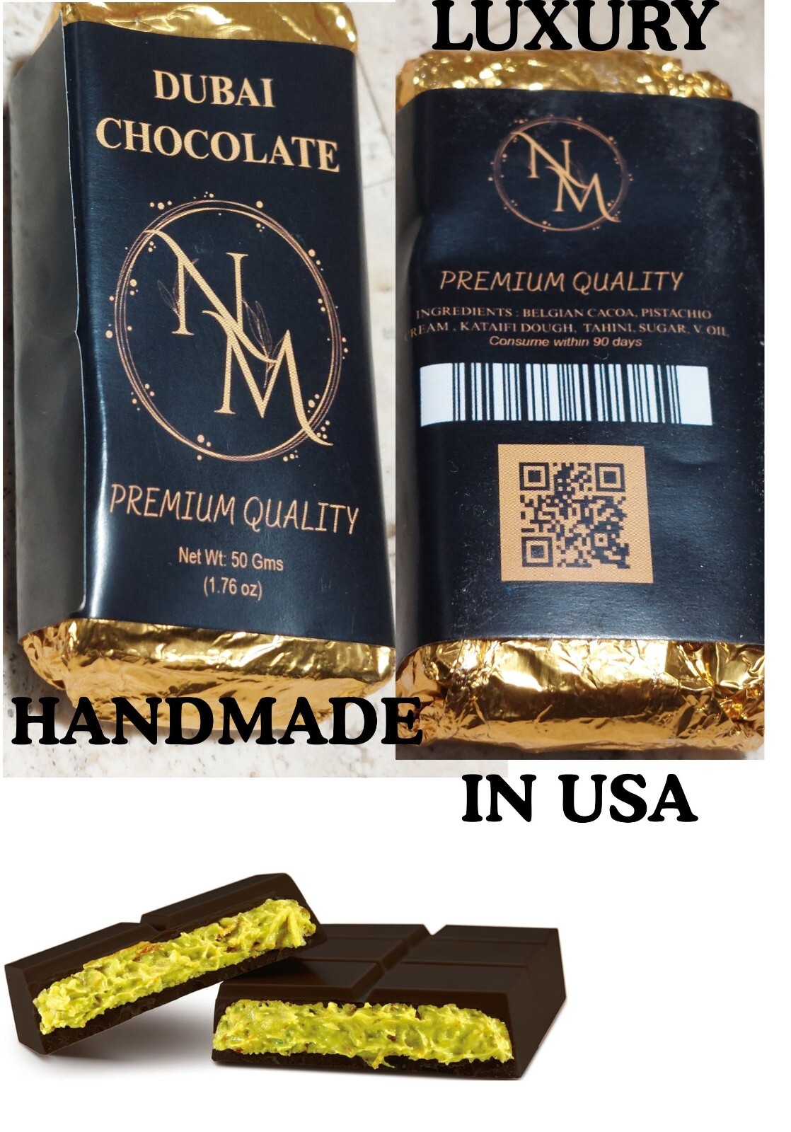 Dubai Chocolate Bar Luxury Handmade Pistachio Kataifi Dark Choclate Premium Bar