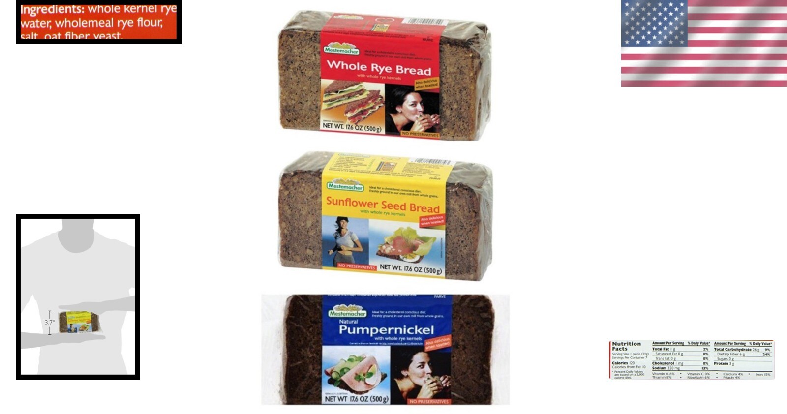 Gourmet High Fiber Bread Set – Whole Rye, Pumpernickel & Sunflower Seed, 52.8 Oz
