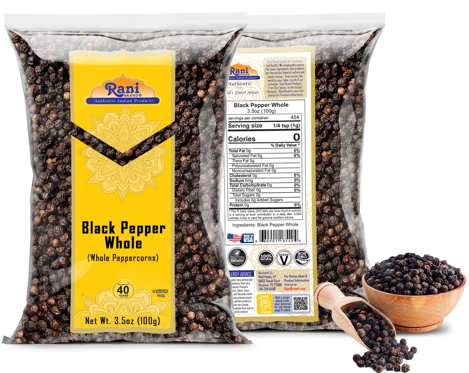 Rani Black Pepper Whole (Peppercorns), Premium Indian MG-1 Grade 3.5oz (100g)