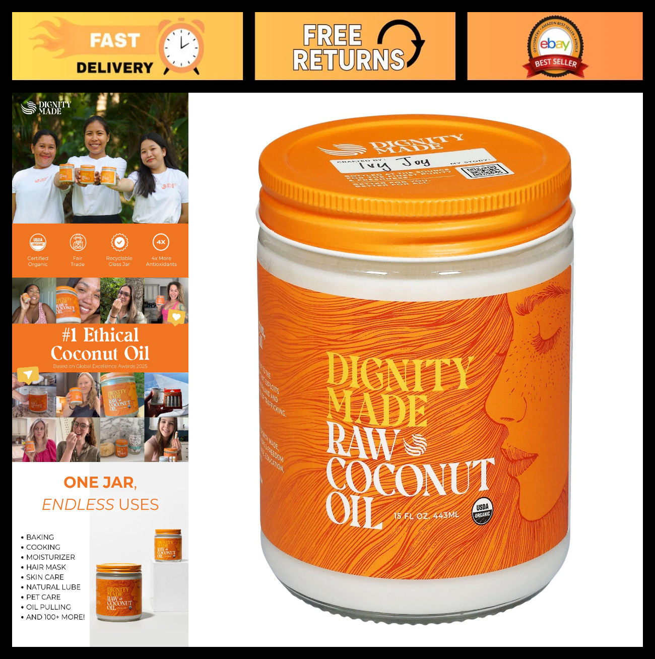 Organic Virgin Coconut Oil – Unrefined, Non-GMO, Fair Trade – Skin, Hair & Cooki