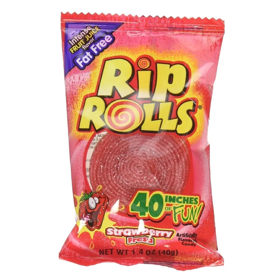 6x Packs Rip Rolls Strawberry Flavor Fat Free Candy, 40 Inches of Fun- 1.4oz