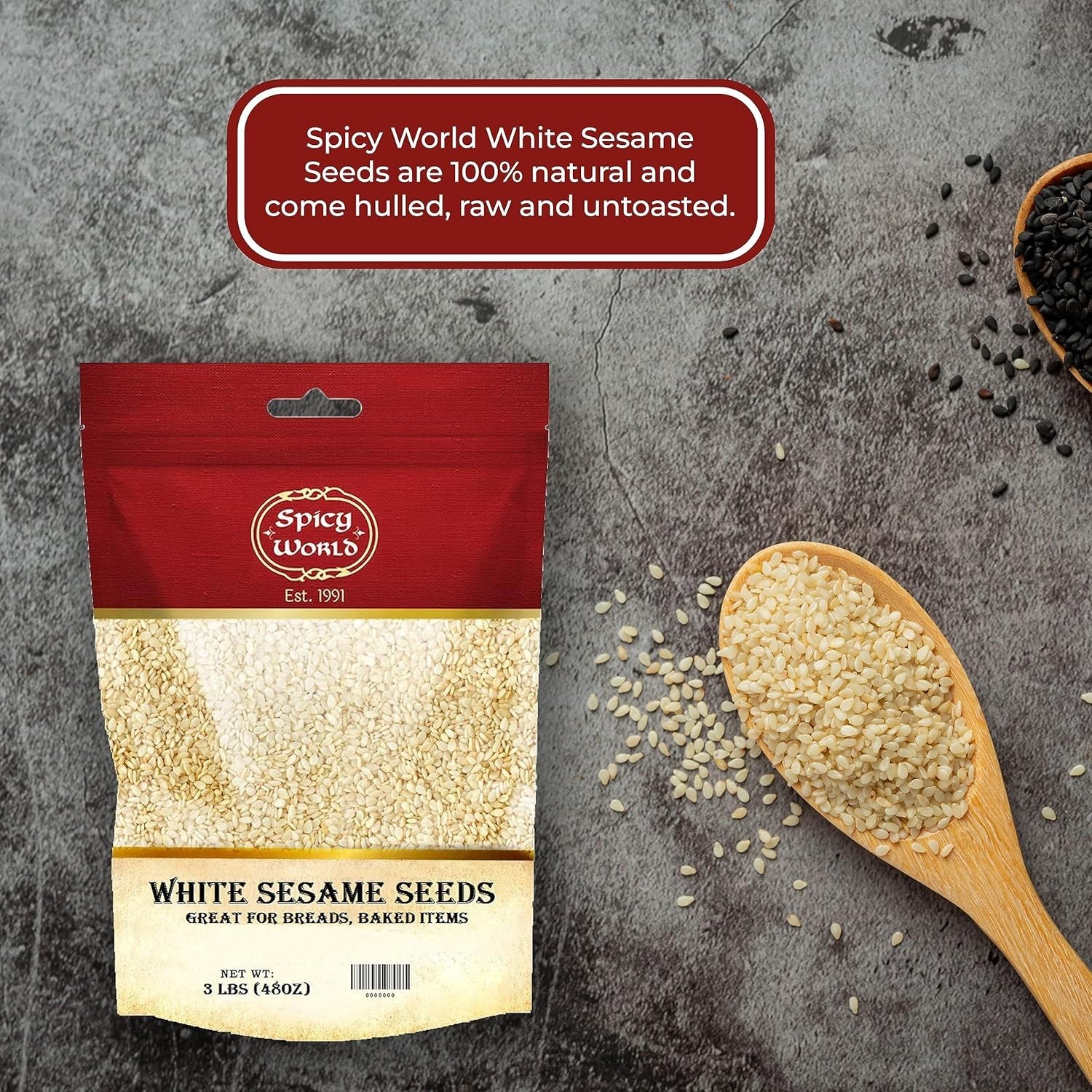 White Sesame Seeds 3 LB Bag – Natural, Raw, Hulled, Non-Gmo, Bulk Resealable Bag