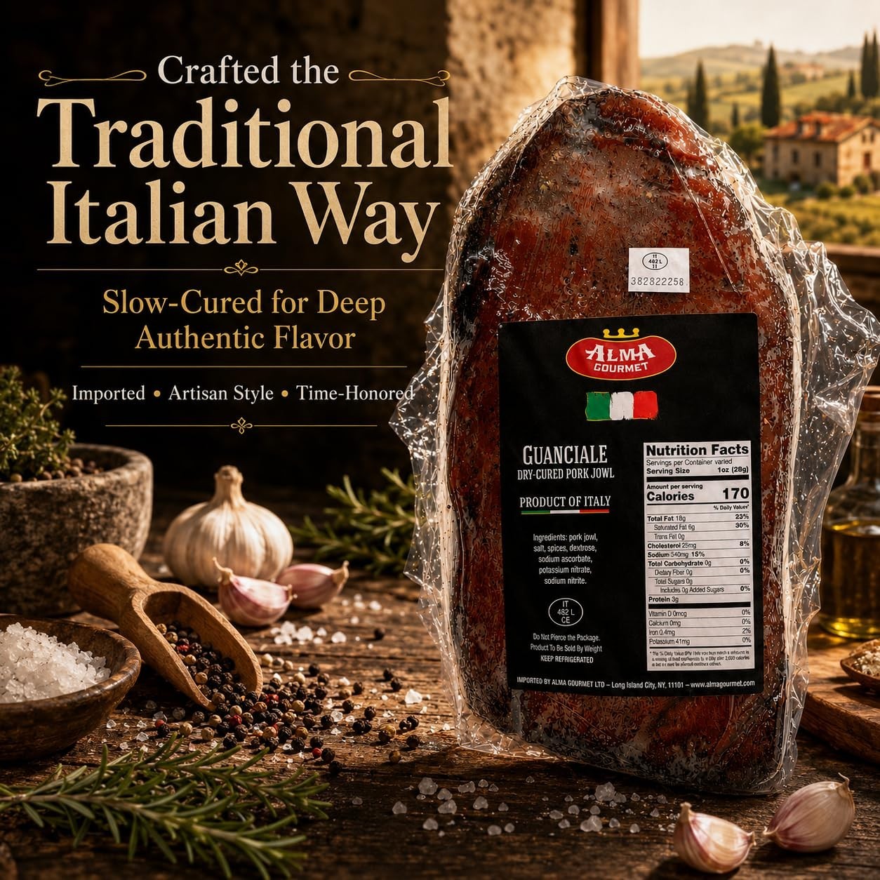 Alma Gourmet Guanciale From Italy – Italian Dry-Cured Pork Jowl Imported 3.3 lb