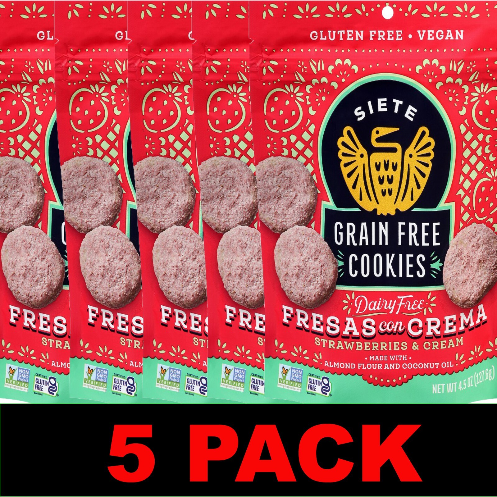 SIETE Family Foods Grain Free FRESAS Con Crema Cookies – 4.5 oz Bag – 5 BAGS