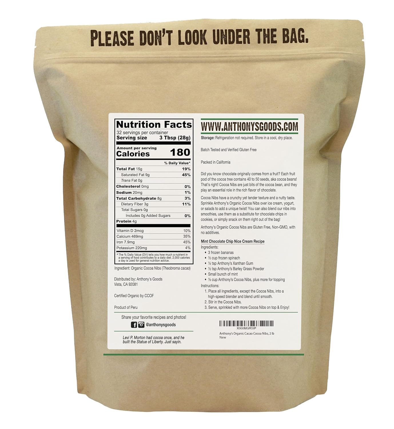Anthony’S Organic Cacao Cocoa Nibs, 2 Lb, Criollo Beans, Gluten Free, Non-Gmo, U