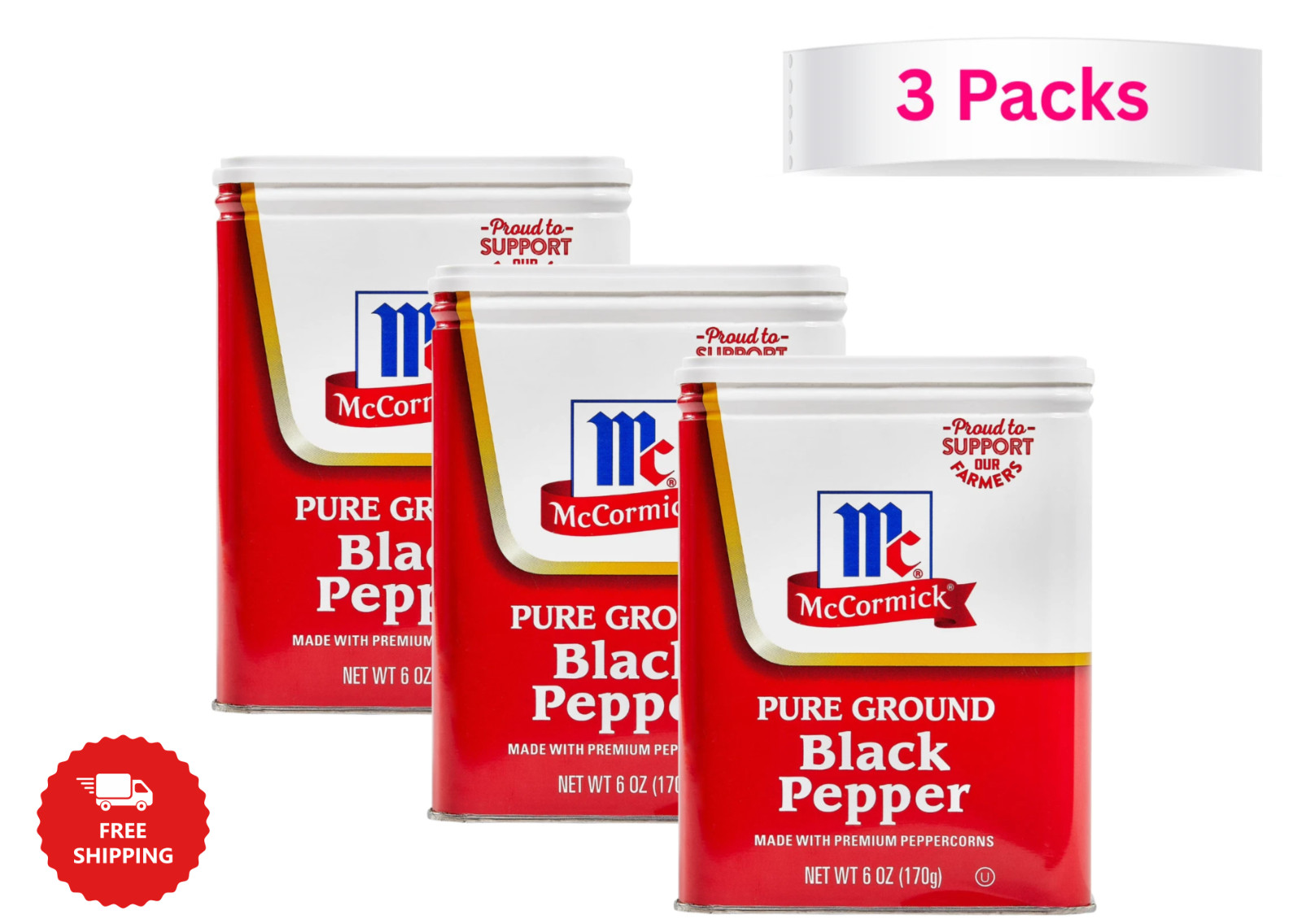 3 Packs – McCormick Pure Ground Black Pepper, 6.0 oz Can Free Shipping
