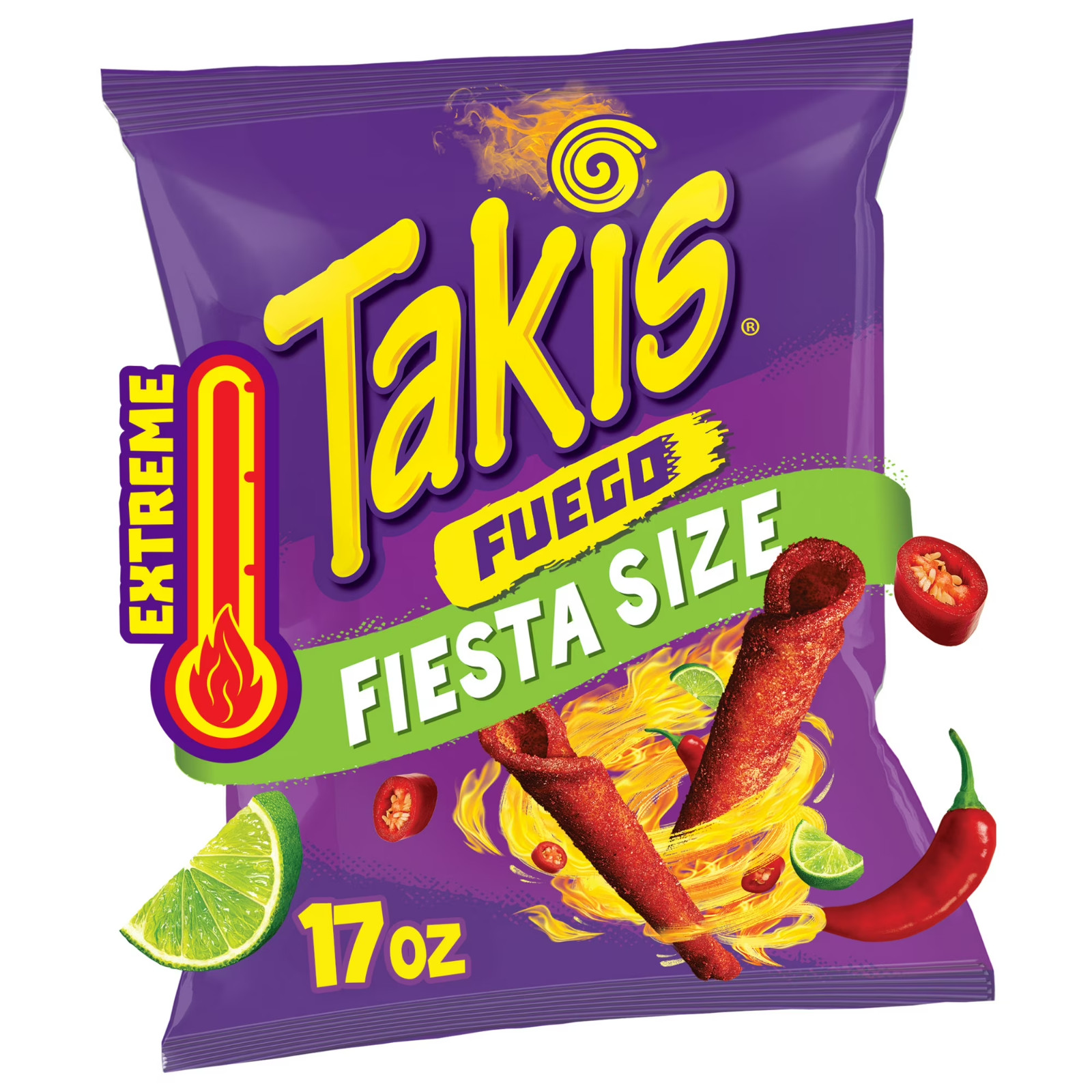 Takis Fuego 17 oz Fiesta Size Bag, Hot Chili Pepper & Lime Rolled Tortilla CHIPS