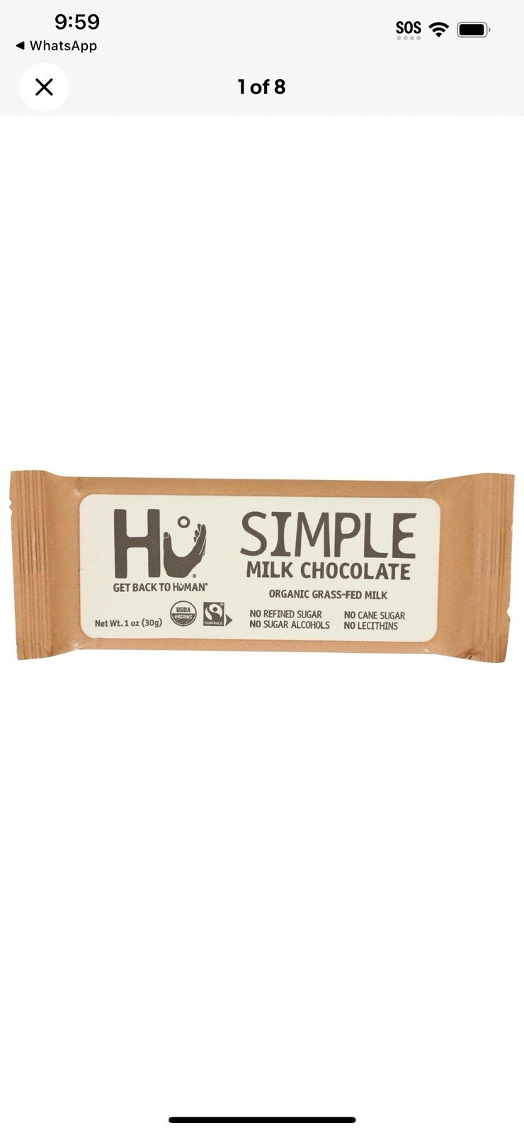 (4 Bars) Hu Kitchen Organic Simple Milk Chocolate Bar, 1 Oz Exp 11/25