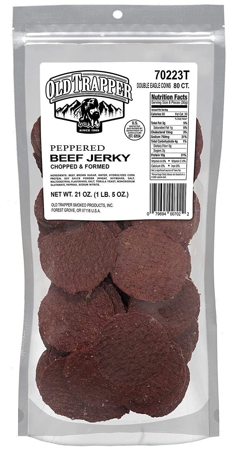 Old Trapper BEEF JERKY ROUNDS 80 ct Bulk Peppered REFILL 1.3 Pounds Case Of 8