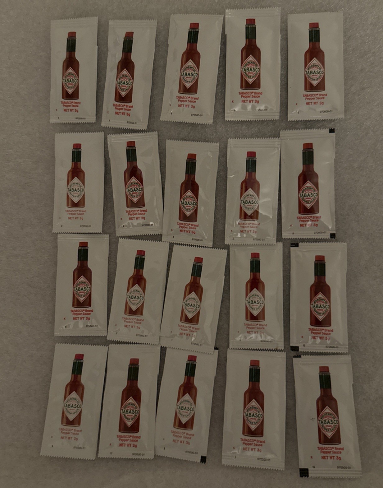 20 Tabasco Pepper Sauce Packets On-The-Go Travel Packets 3 Gram each Free Ship