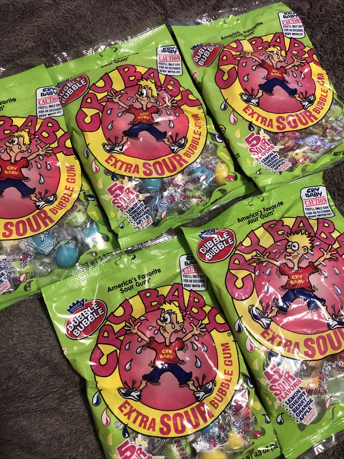 *5 PACK* – Dubble Bubble Cry Baby Extra Sour Gum, 4 oz. Bags (5 Sour Flavors)
