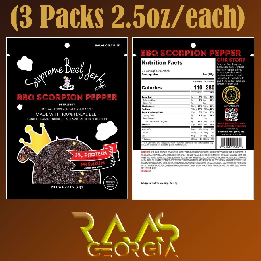 3-Pack Halal Supreme Beef Jerky- 2.5 oz/each- Select from 7 Flavors