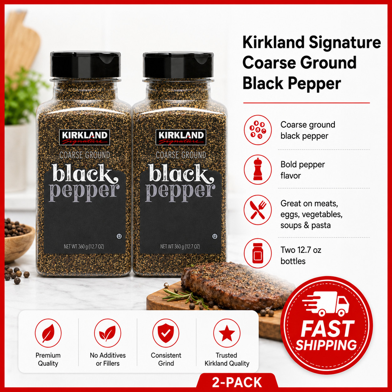 2 Pack Kirkland Signature Course Ground Black Pepper Spice 12.7 Ounce