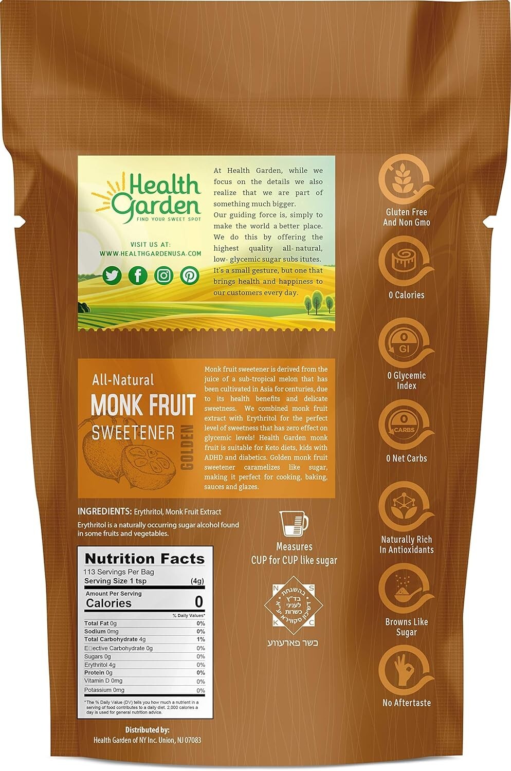 Health Garden Monk Fruit Sweetener, Golden – Non GMO – Gluten Free – Sugar 1-Lb
