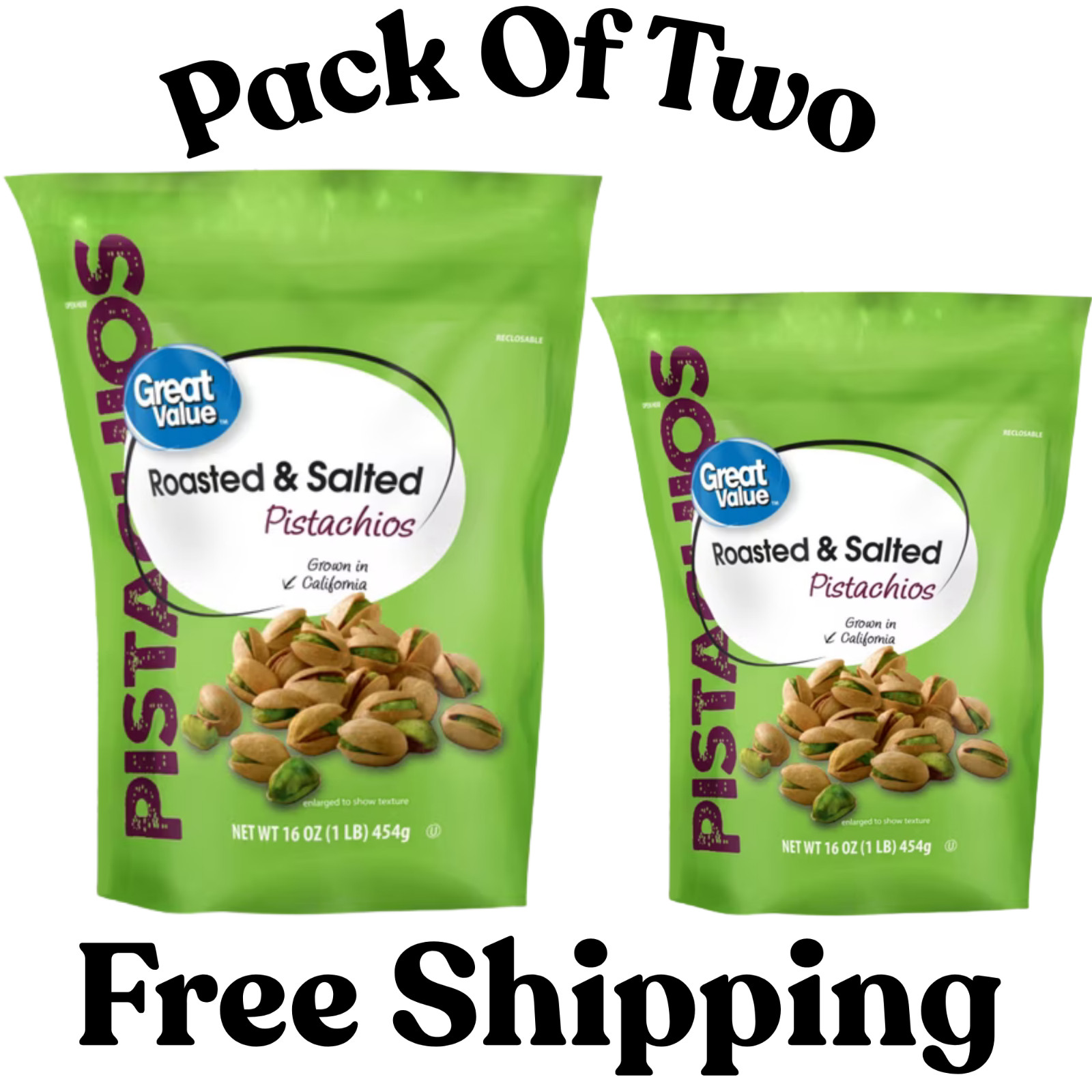 Great Value Roasted & Salted Pistachios, 16 oz Resealable Bag Pack of 2