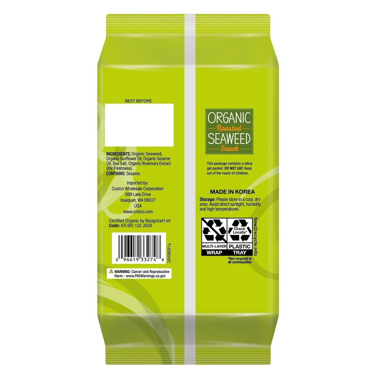 Kirkland Organic Roasted Seaweed Snack,0.6 oz – Pack of 10