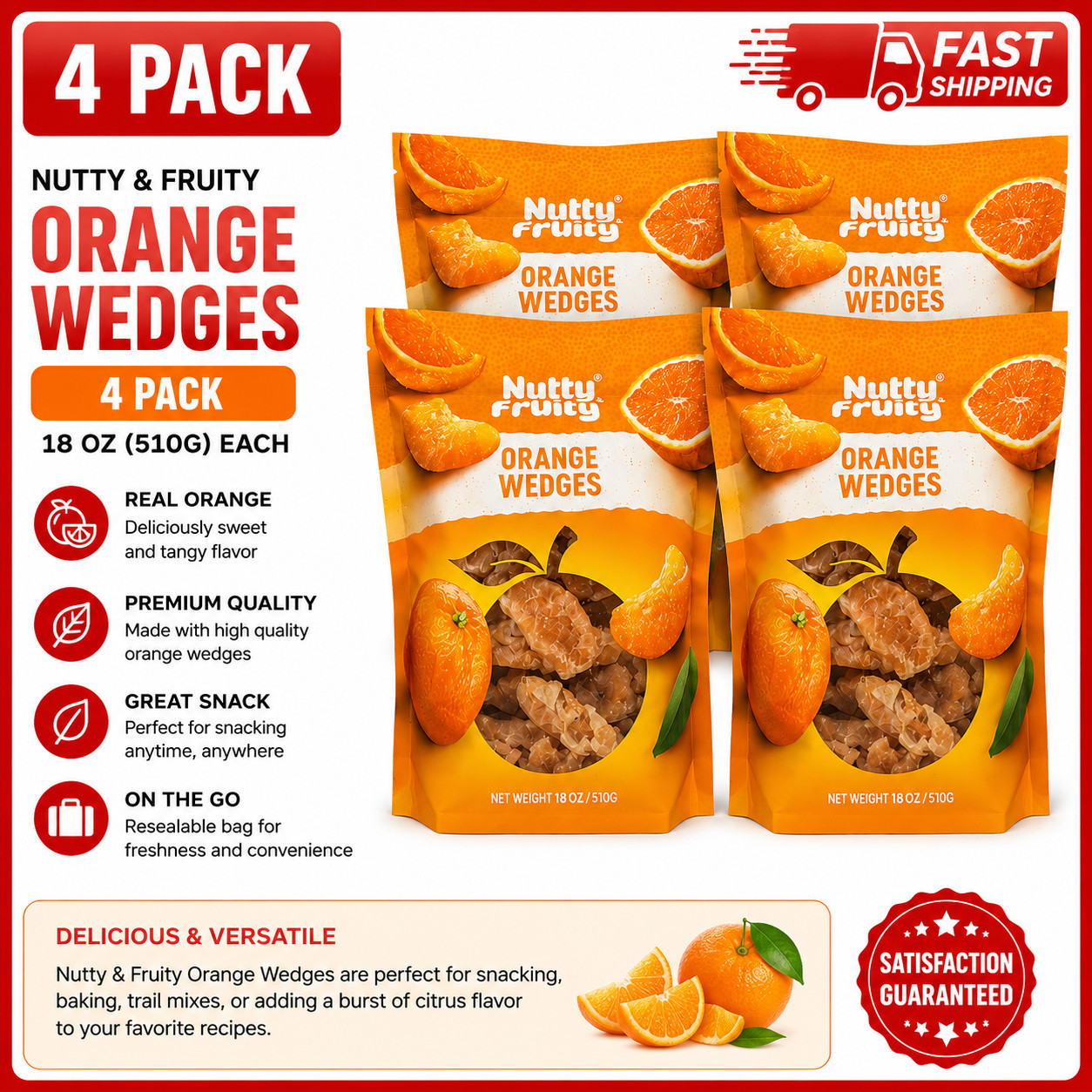 4-Pack Dried Orange Wedges by Nutty Fruity Premium Citrus Fruit Snacks 18oz Bag