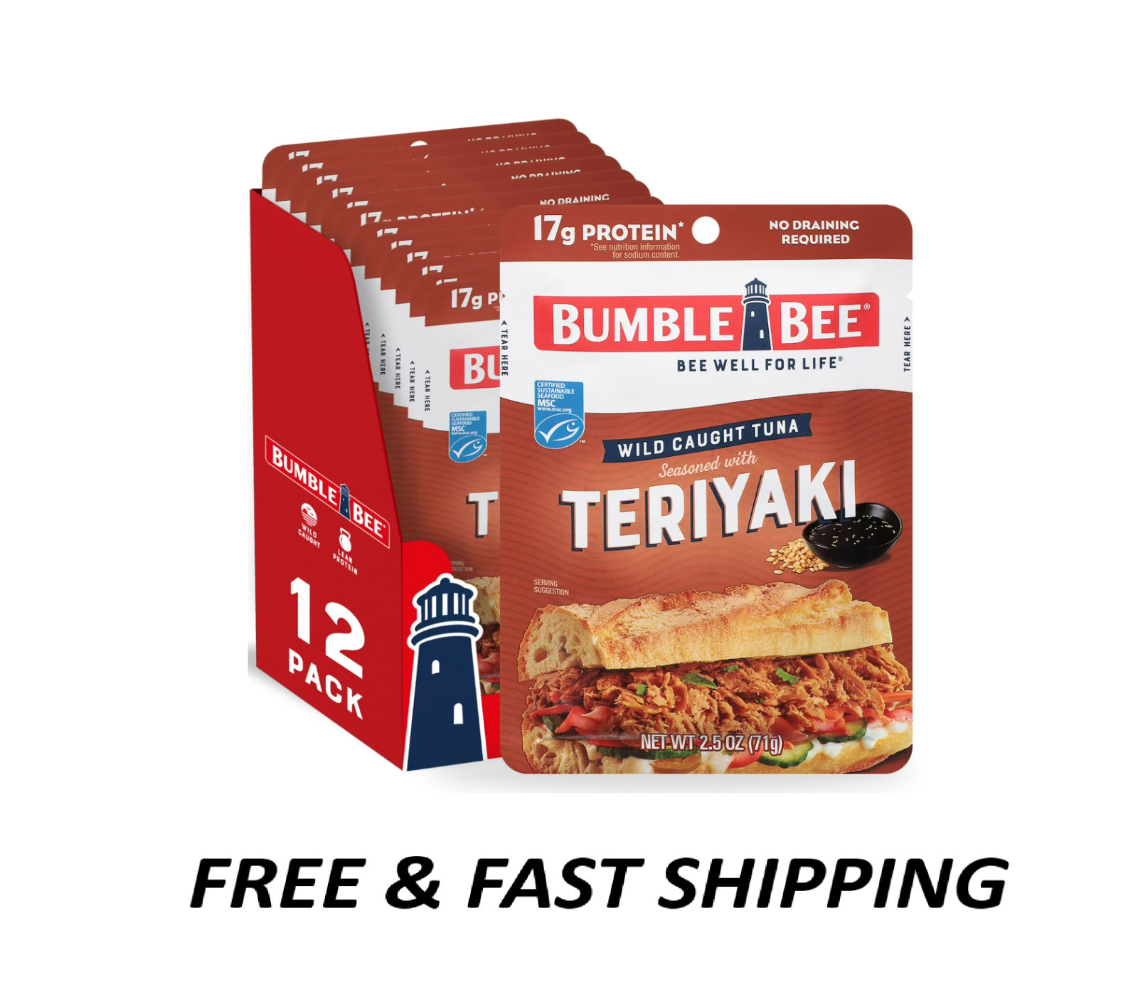 Bumble Bee Teriyaki Tuna, 2.5 oz Pouches, 17g Protein, Wild Caught ,12 Pack.