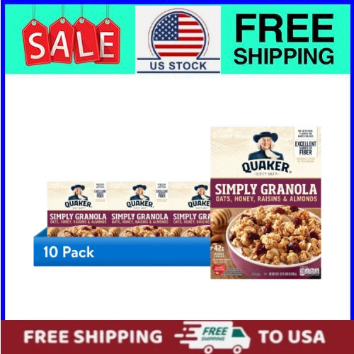 (10 pack) Quaker Simply Granola Breakfast Cereal, Oats Raisins & Almonds,24.1oz