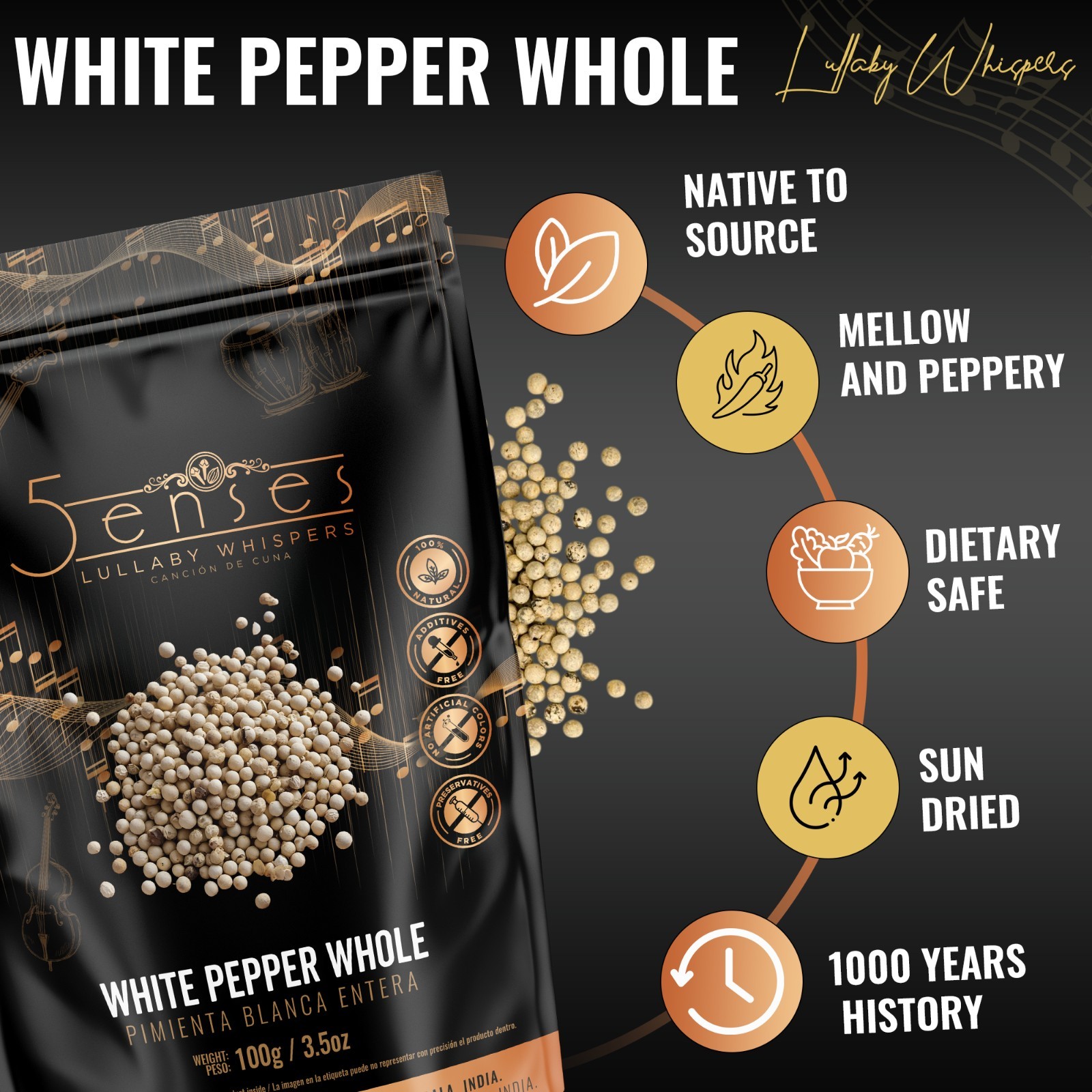 5Senses Malabar Whole White Pepper Whole | Pimienta Blanca | Non-GMO, Fairtrade