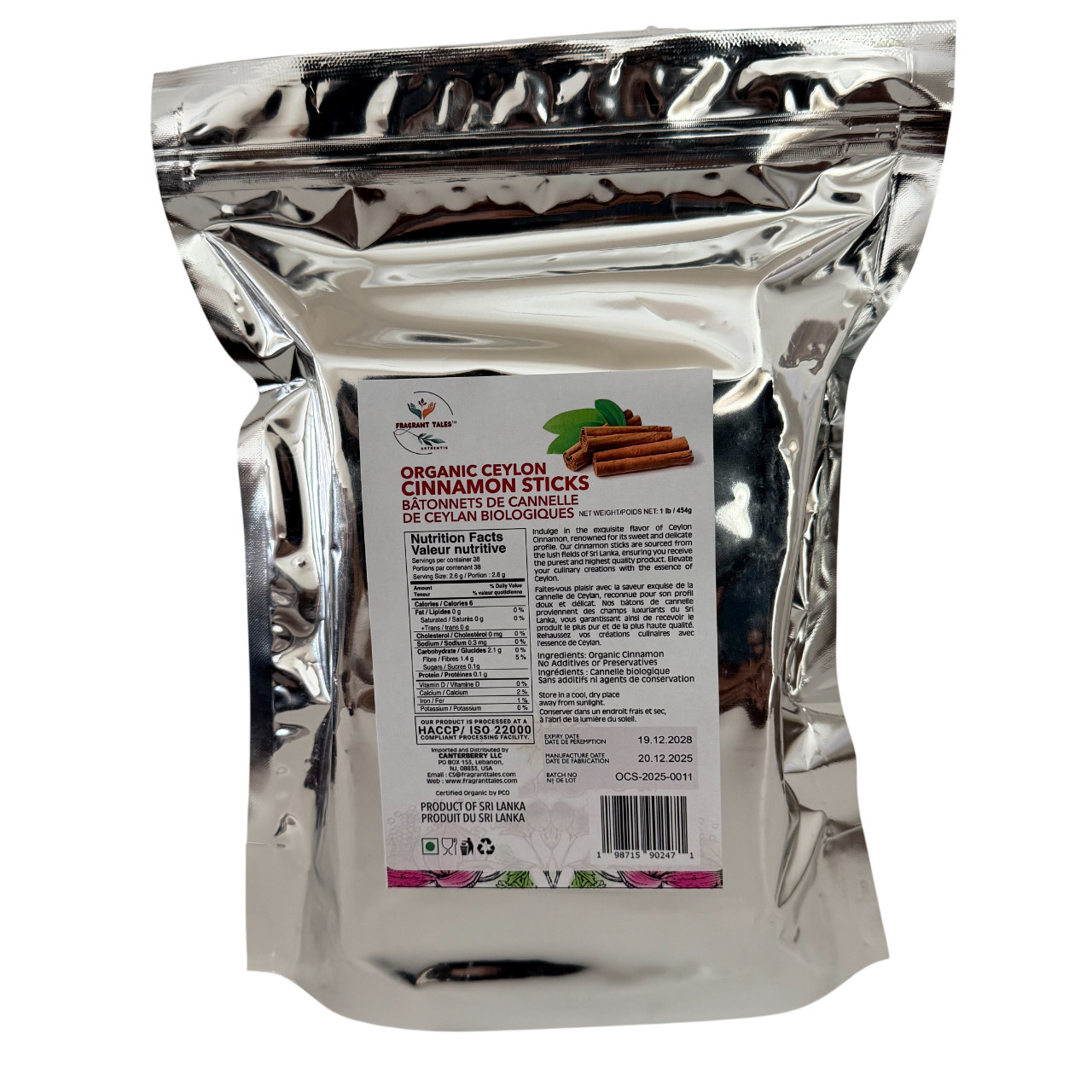 Premium Organic Ceylon Cinnamon Sticks – 1 LB (454g), USDA Certified, Non-GMO