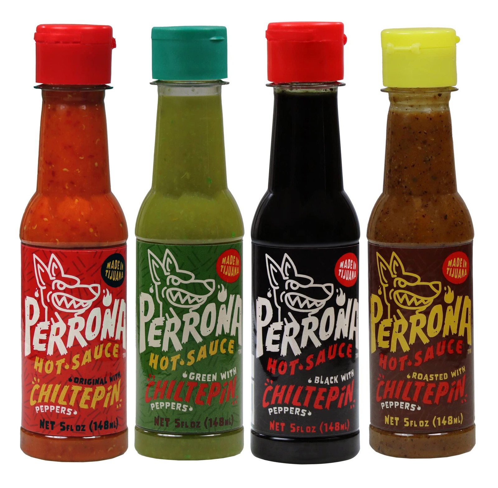 La Perrona Hot Sauce Variety | Chiltepin, Roasted, Green and Negra | 5 Ounce Bot