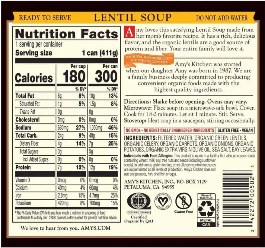 Amy’s Organic Lentil Soup 14.5 oz ( Pack of 6 )~10/2027