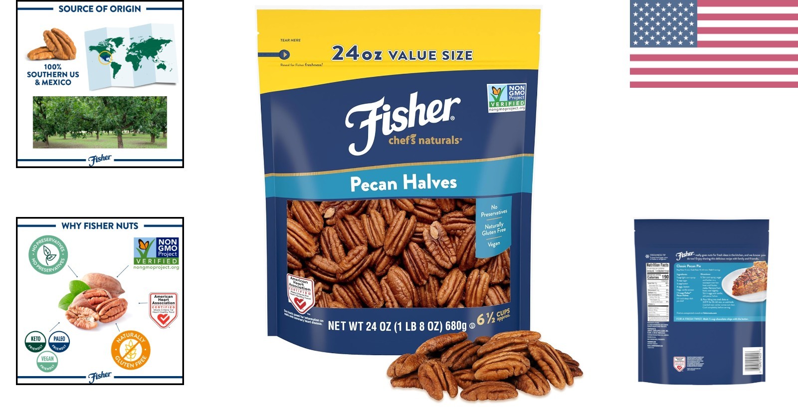 Pecan Halves 24 oz Resealable Bag, Unsalted Raw Nuts for Cooking, Baking & Sn…