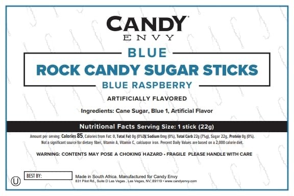 Blue Rock Candy Sugar Sticks Blue Raspberry Flavored 36 Individually Wrapped