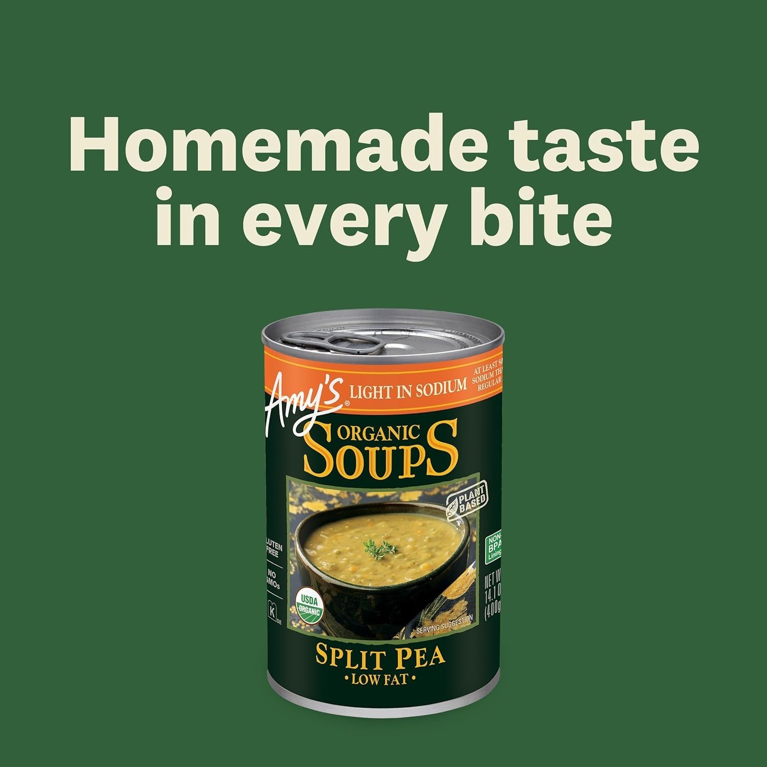 Amy’s Organic Split Pea Soup, Light Sodium, 14.1oz, 12 Pack-