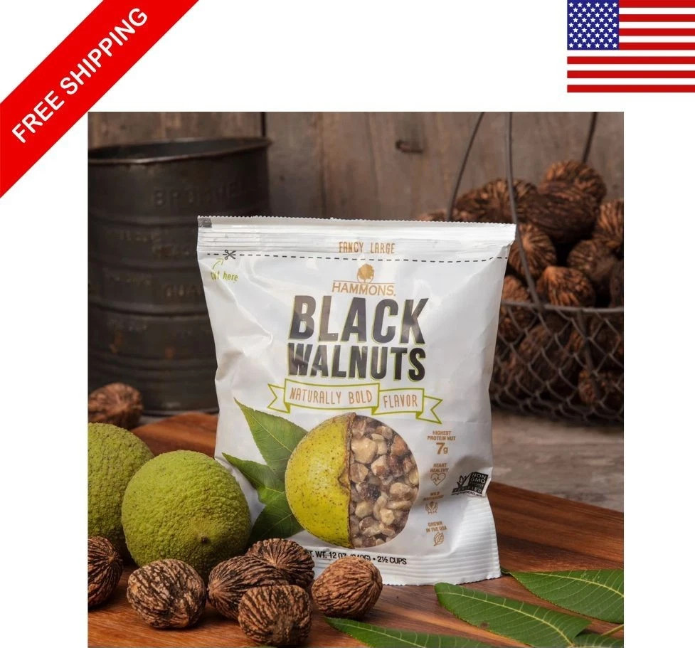 Hammons Hand-Harvested Wild Black Walnuts | Large Pieces | 12 oz Resealable Bag