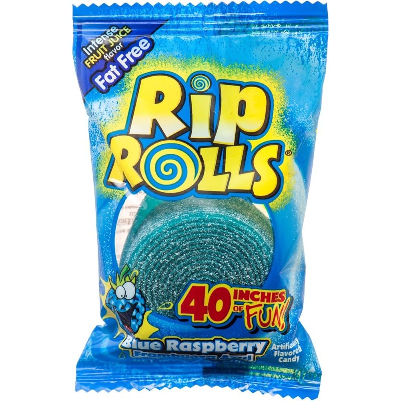 24x Rips Rolls Blue Raspberry Sour Candy Licorice Snack Sweet Treats Sealed 1.4o