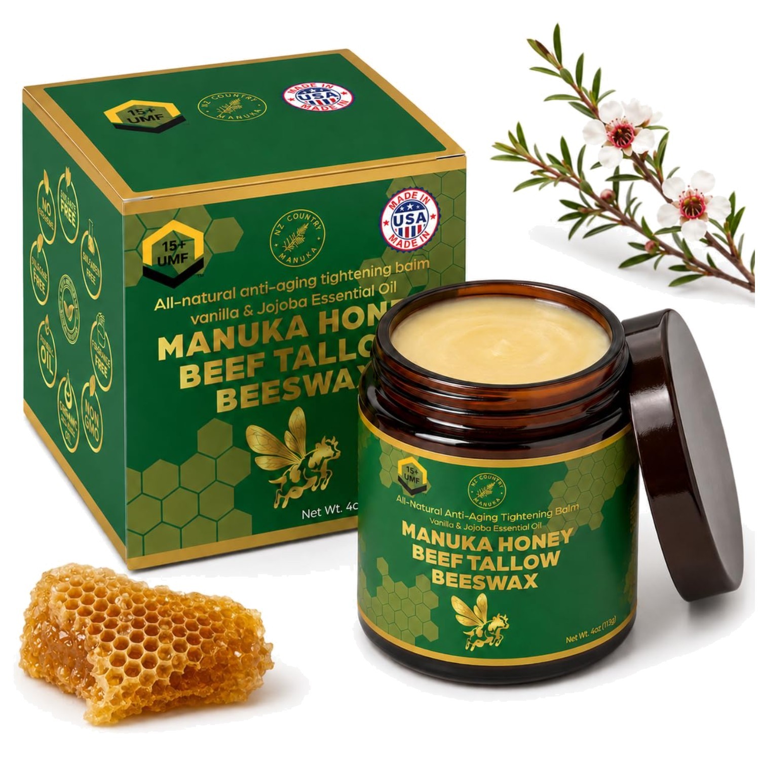 Grass-Finish Tallow Honey Balm, UMF 15+ Manuka Honey