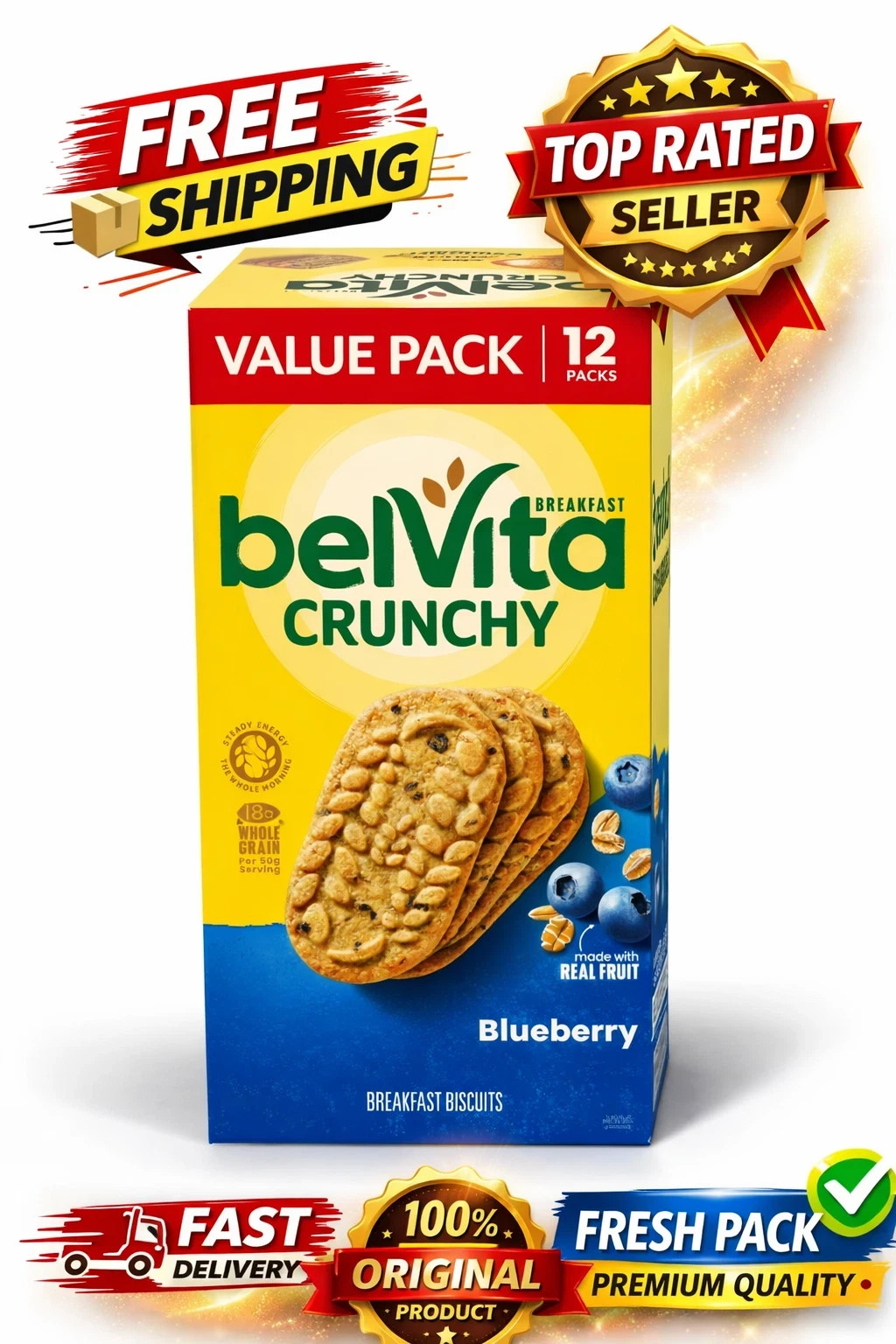 belVita Breakfast Bars Biscuits, Blueberry, Value Pack, 12 Packs (4 Biscuits Per