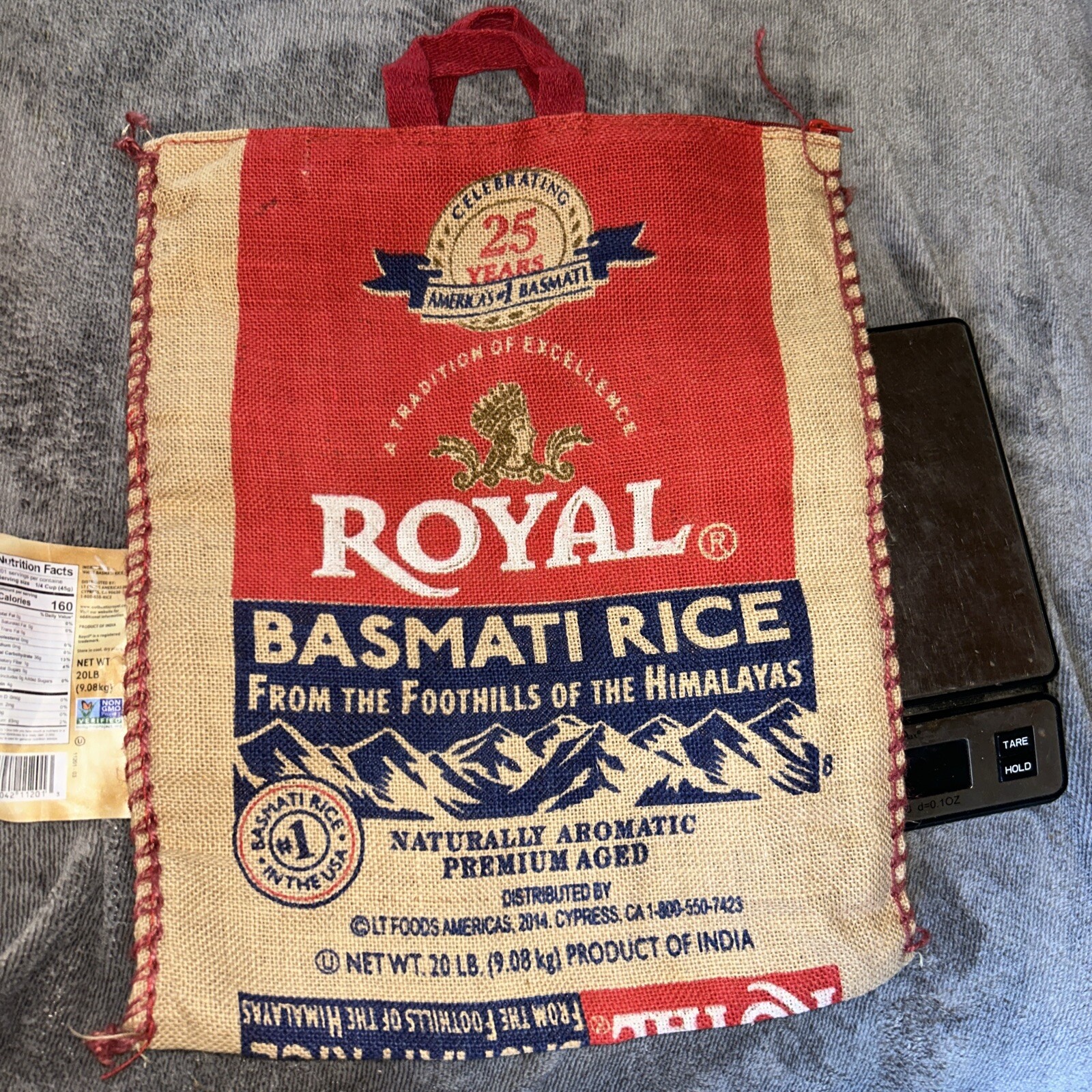 Royal Basmati Rice Bag 20lbs Burlap Handles Zipper Heavy Duty 25th Anniv No Rice