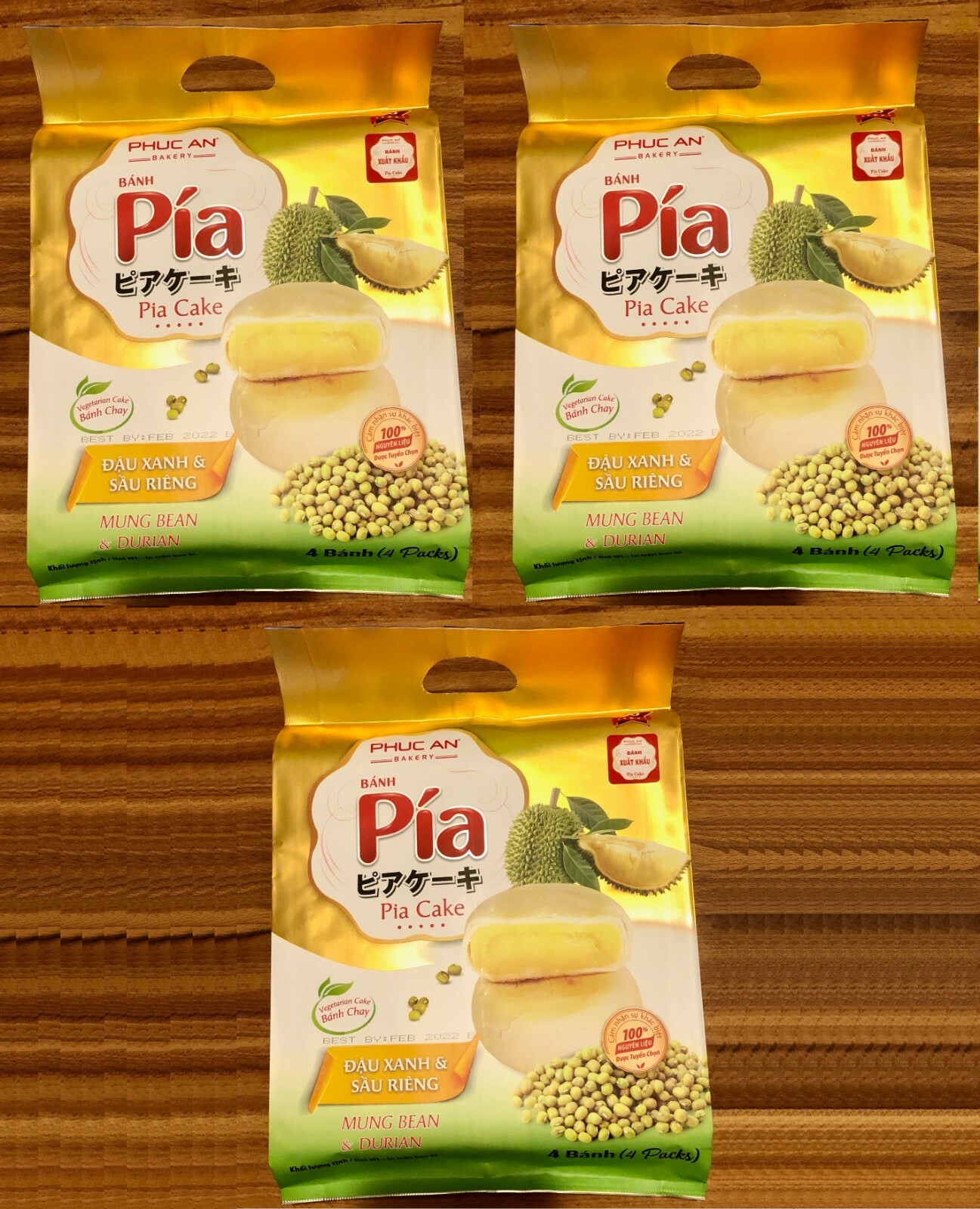 3 (pack) Banh Pia – Pia Cake Mung Bean & Durian, 4 (100g) ea/pk – 12 ea Total