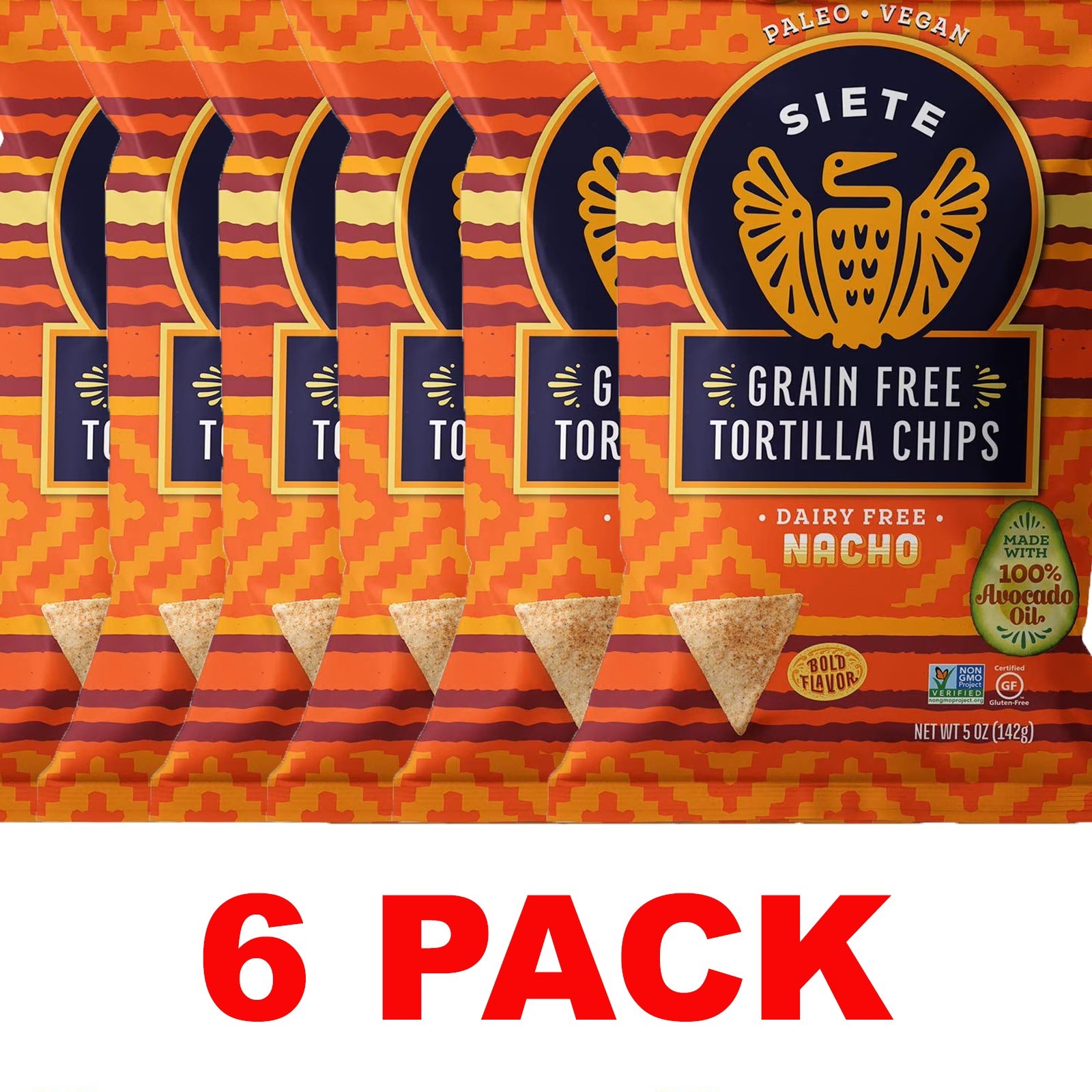 SIETE Dairy Free NACHO TORTILLA CHIPS Grain Free 5 oz Bag – 6 PACK