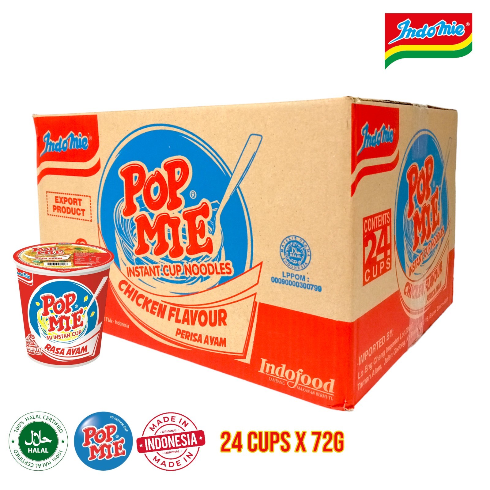 BOX (24 Cups X 72g) Indomie Pop Mie Jumbo Chicken Flavor Cup Noodles Halal Quick